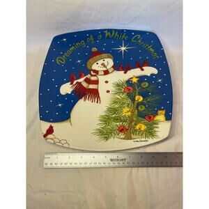 Linda Spivey White Christmas Rounded Square Snowman Serving Platter 11-3/4”